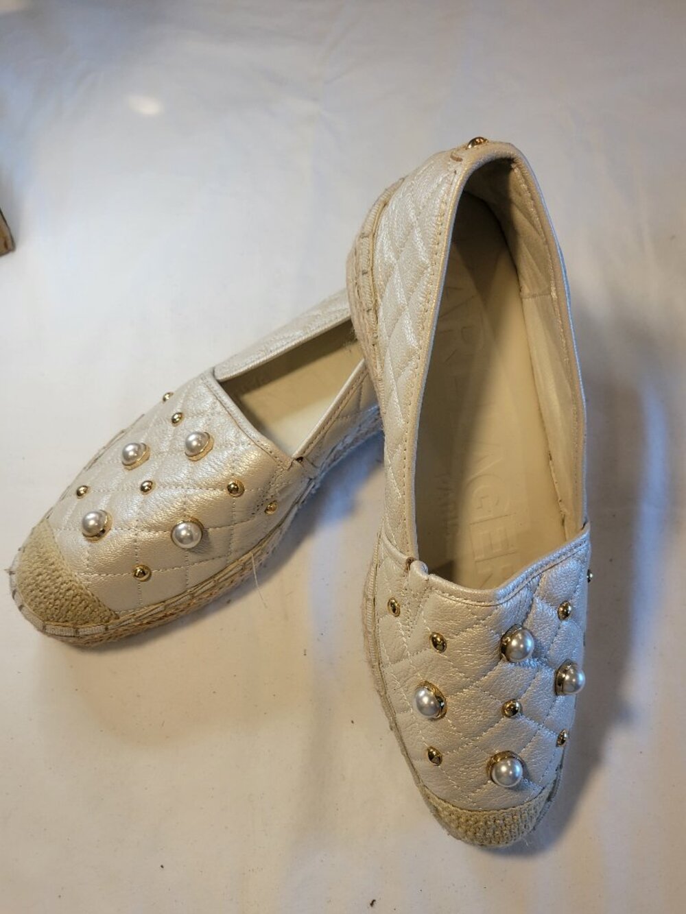 Karl Lagerfeld Paris Pearl Stud Quilted Espadrille Platform Slip On Flats Size 8